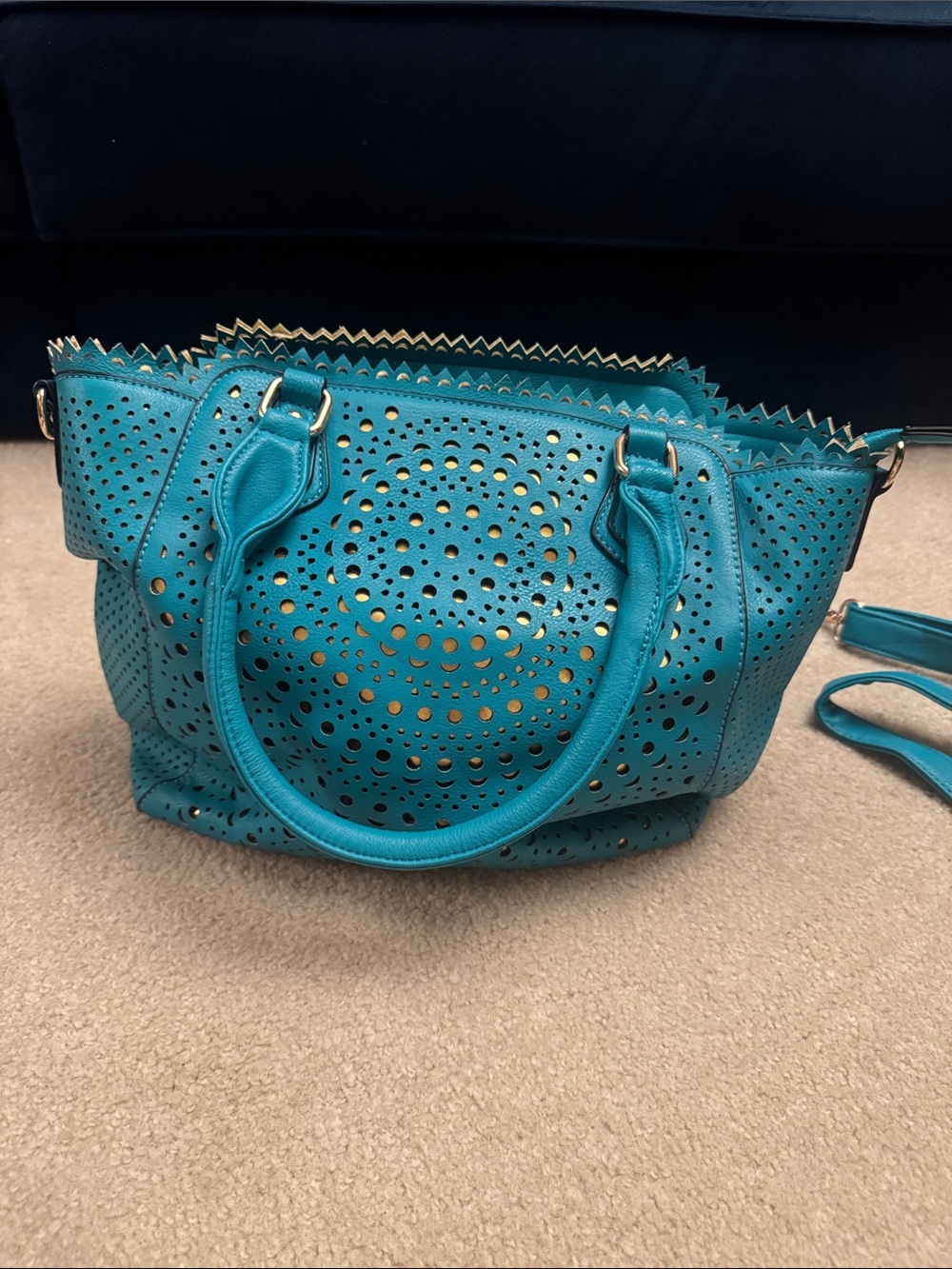 Melie Biiano Teal Perforated Tote with Gold Accents